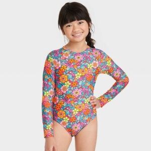 Girls' Retro Row Rash Guard One Piece Swimsuit - Cat & Jack XL 14
